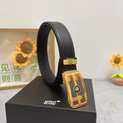 1:1  Montblanc Black Leather Belt with Gold  Logo Buckle "田“Shape Buckle 3.5cm